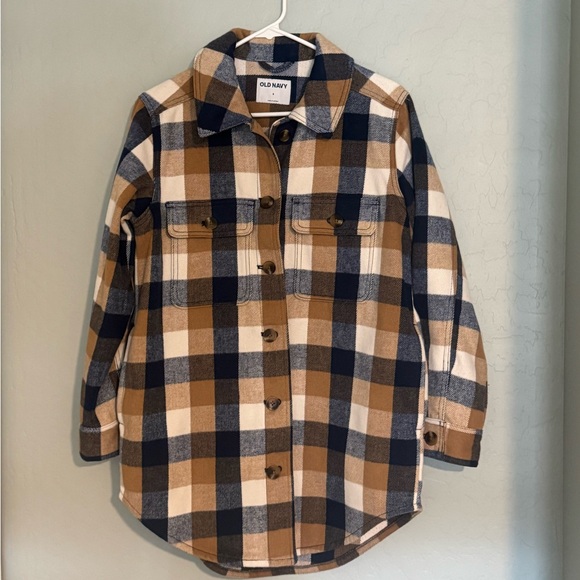 Old Navy Plaid Soft-Brushed Utility Shacket Brown/Blue/Cream Small oversized - Picture 2 of 5